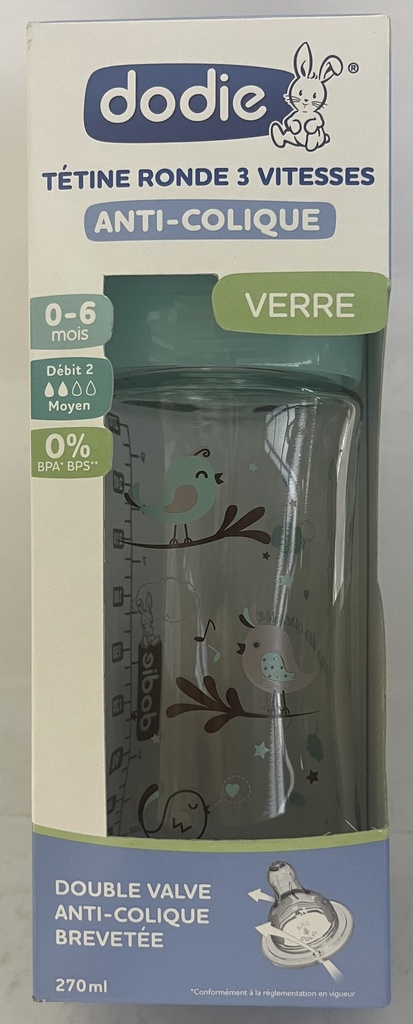 DODIE BIB INI+ VERRE 270ML VERT OISEAUX 0-6 M TET RONDE 3 VIT D2 6965/2595