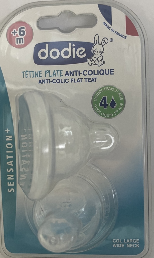 DODIE TETINE PLATE SENS+ ANTI COLIQUE D4 +6M LIQUIDE EPAIS X2 1567