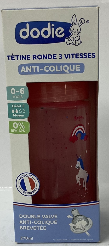 DODIE BIB INI+ 270ML ROSE LICORNE 0-6 M TET RONDE 3 VIT D2 0997/6903
